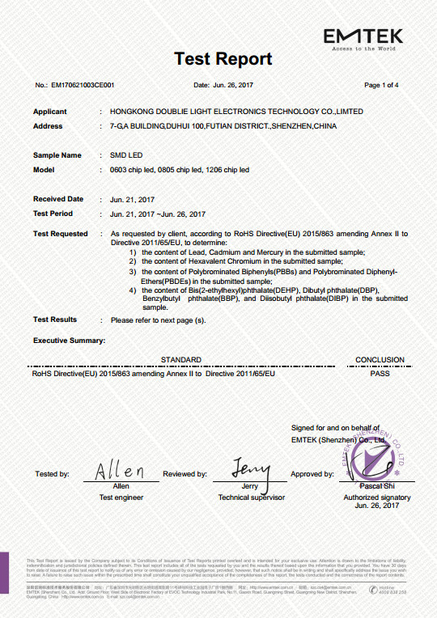 China HongKong Double Light Electronics Technology Co. Ltd Certification